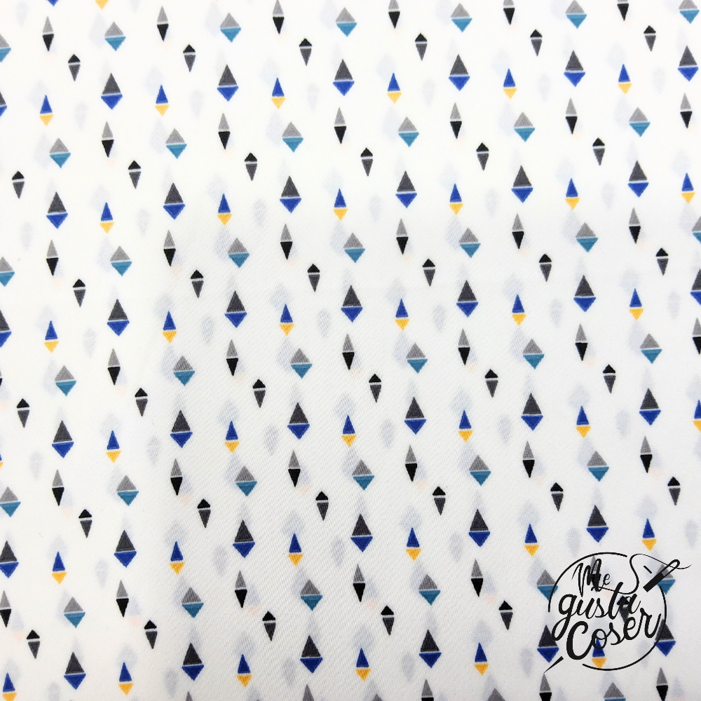 Micro Satén Estampado Geométrico Azul, Gris y Mostaza