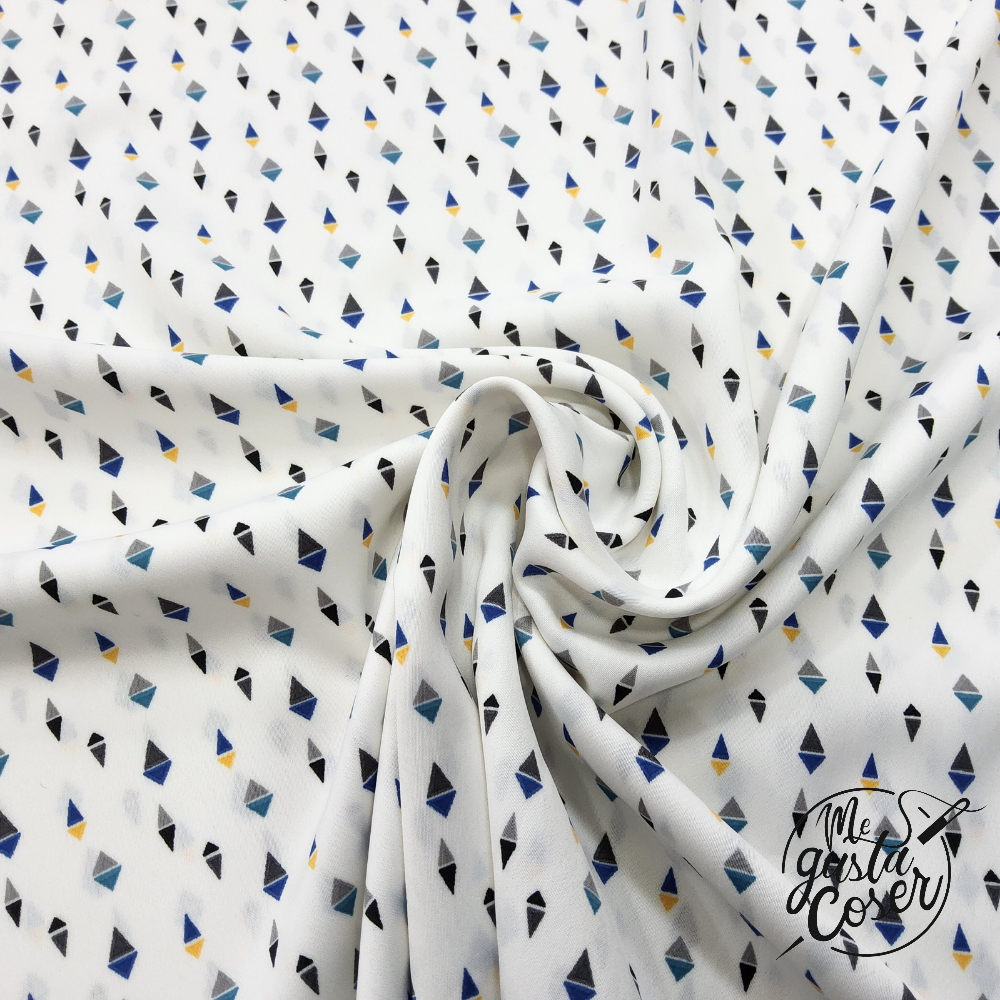 Micro Satén Estampado Geométrico Azul, Gris y Mostaza