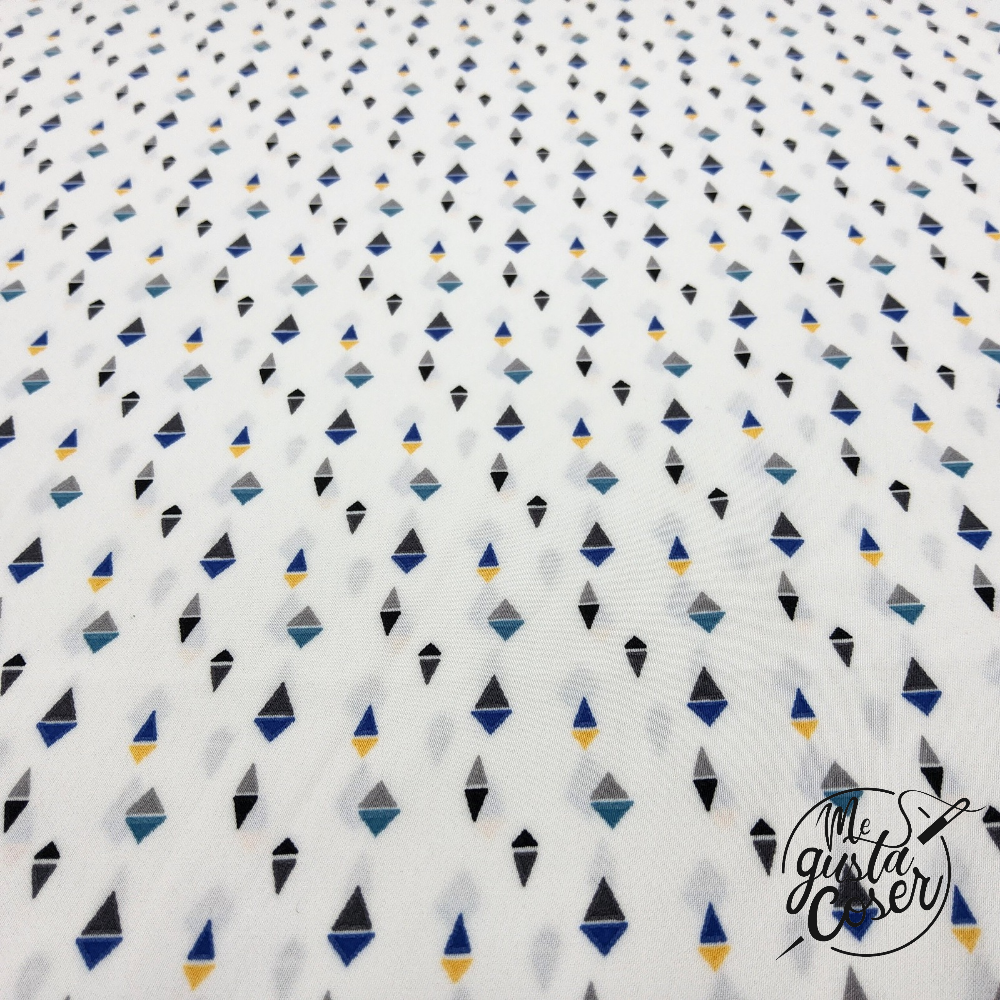 Micro Satén Estampado Geométrico Azul, Gris y Mostaza