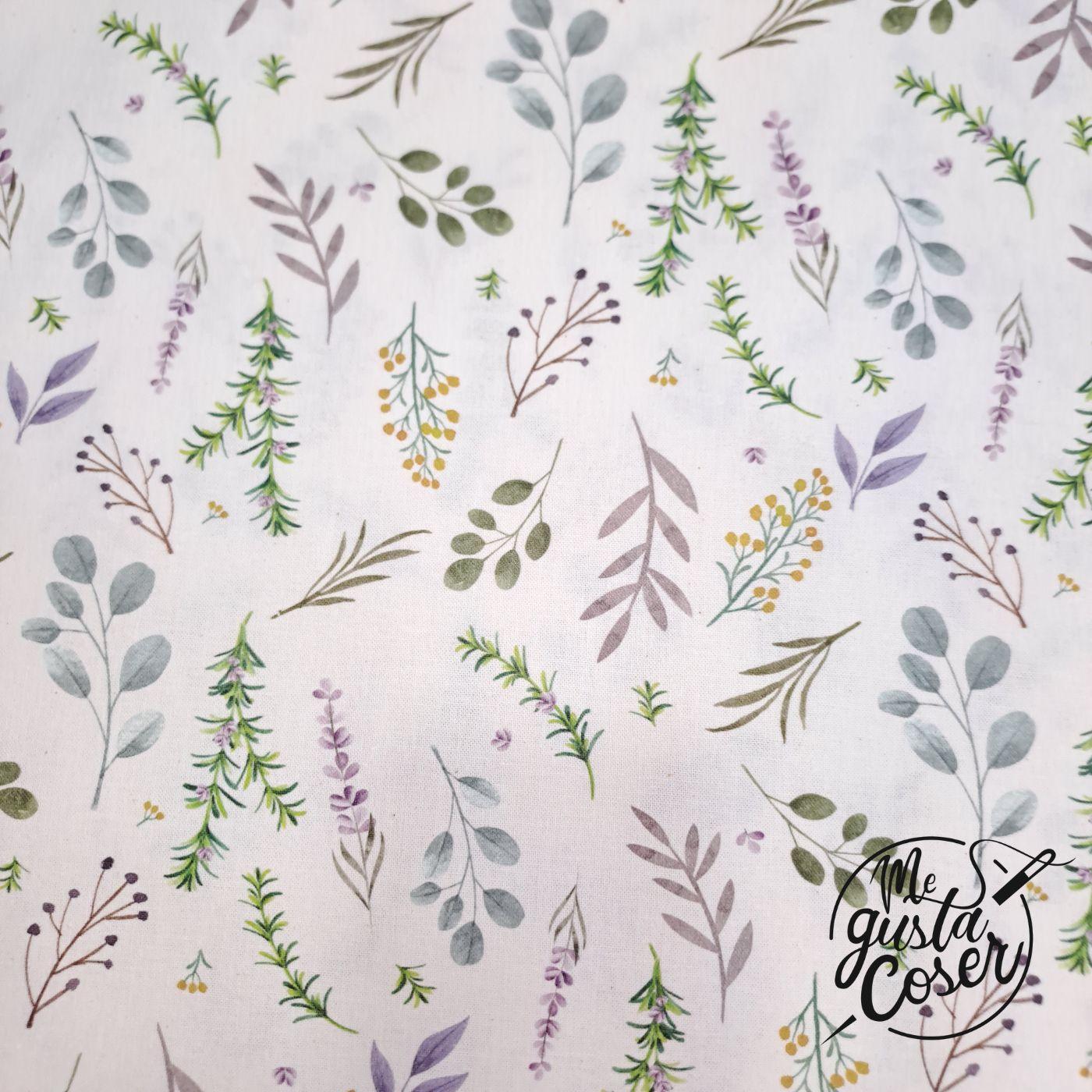 Popelín de algodón con ramas y plantas aromáticas Herbal