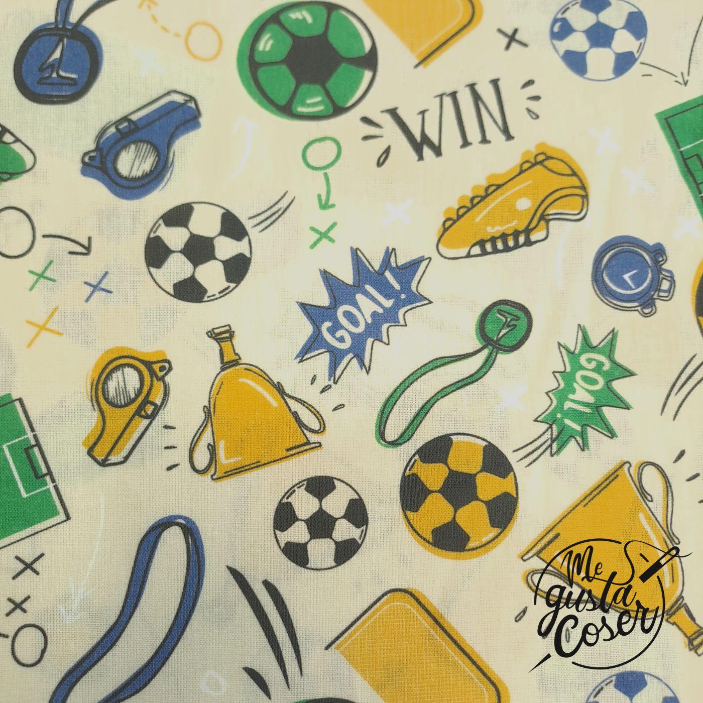 Tela de Popelín de Algodón con Estampado de Fútbol Amarillo