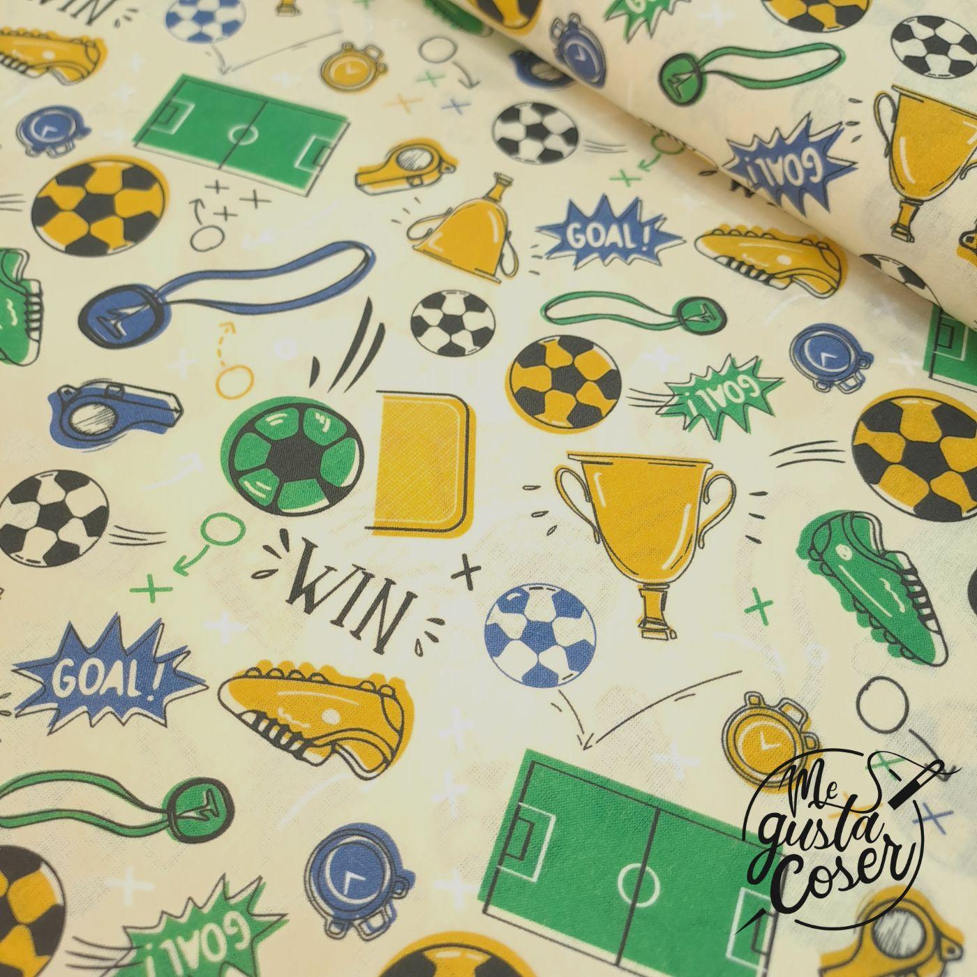 Tela de Popelín de Algodón con Estampado de Fútbol Amarillo