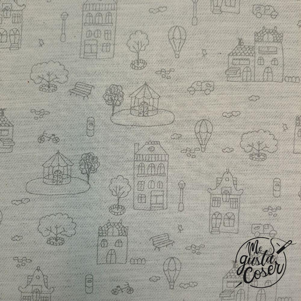 Tela de viyela de algodón con casitas y ciudad en gris