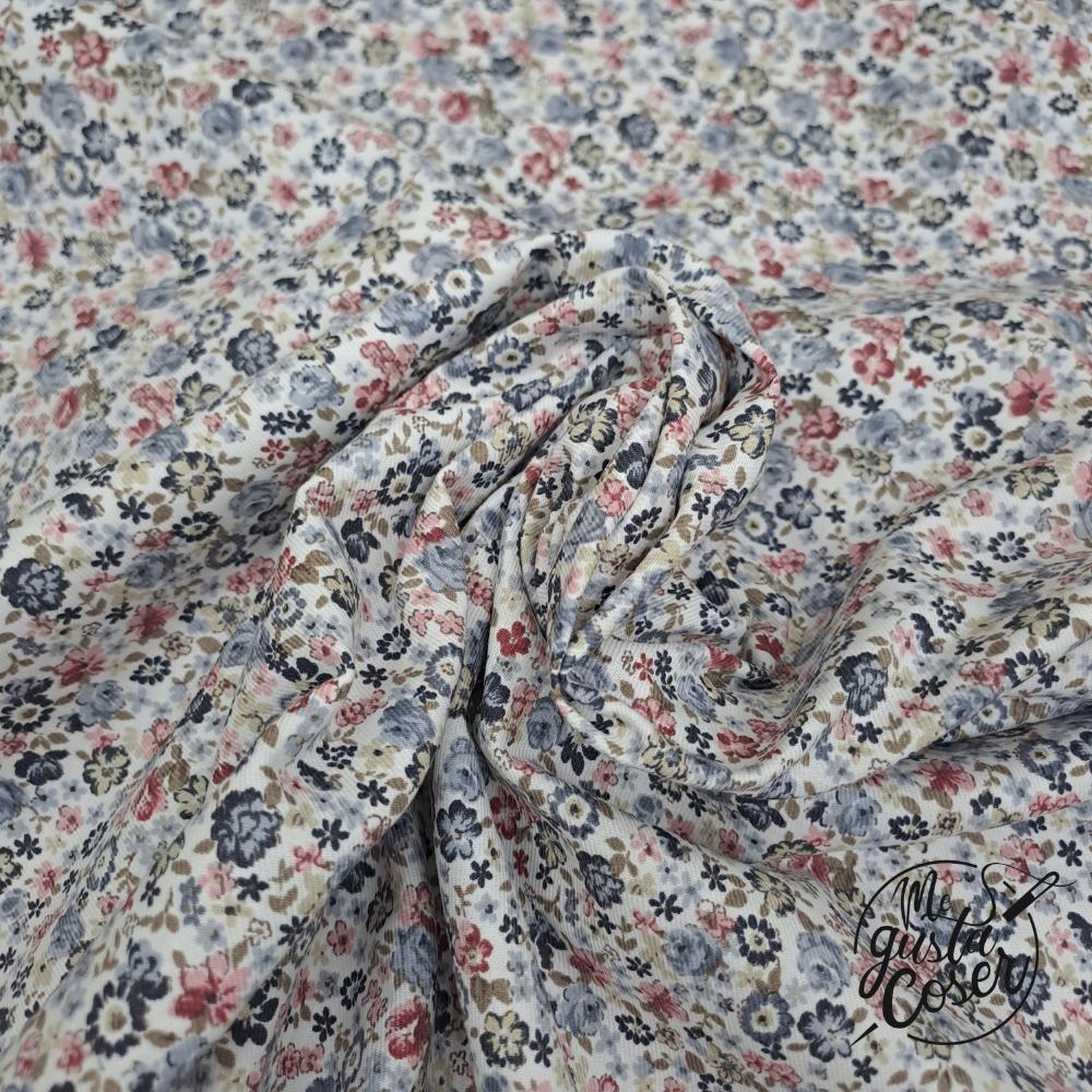 Tela de viyela de algodón floral azul, rosa y beige