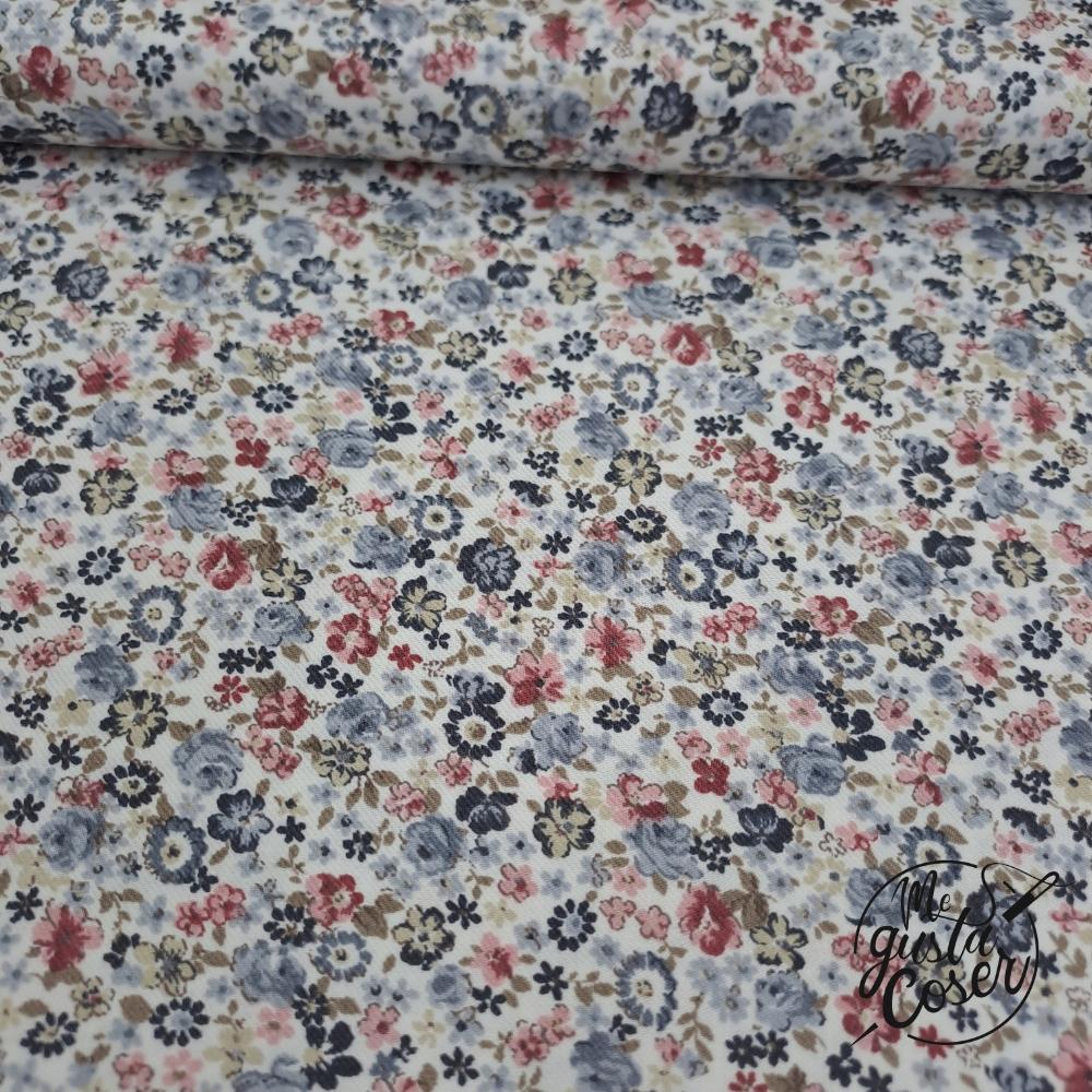 Tela de viyela de algodón floral azul, rosa y beige