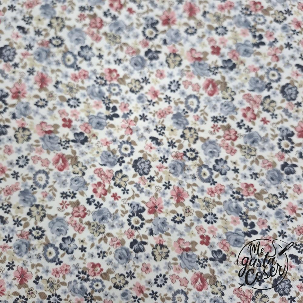 Tela de viyela de algodón floral azul, rosa y beige