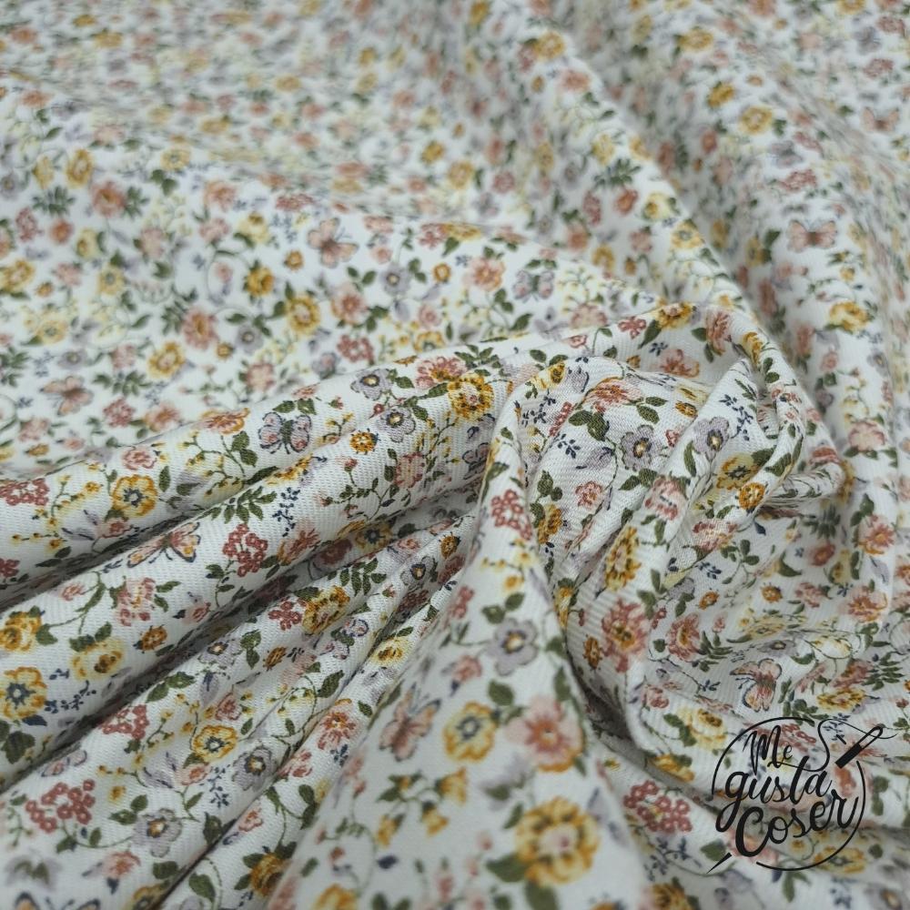 Tela de viyela de algodón floral multicolor con mostaza y verde
