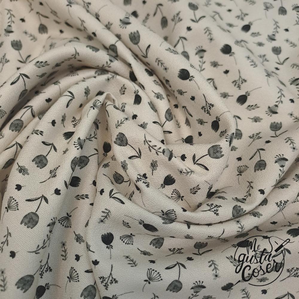 Tela de viyela de viscosa con flores gris y negro