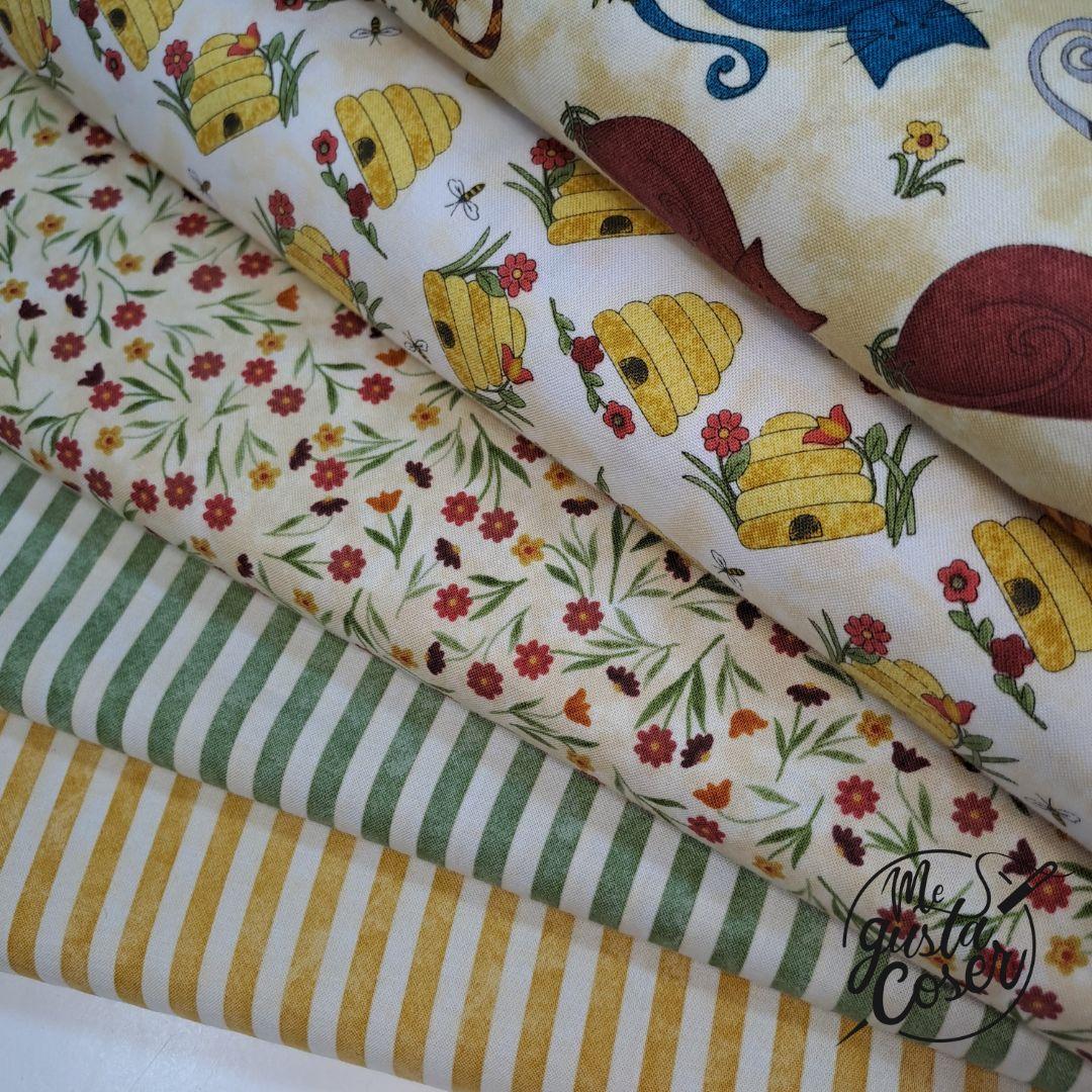 Tela patchwork Colorful Cats rayas mostaza