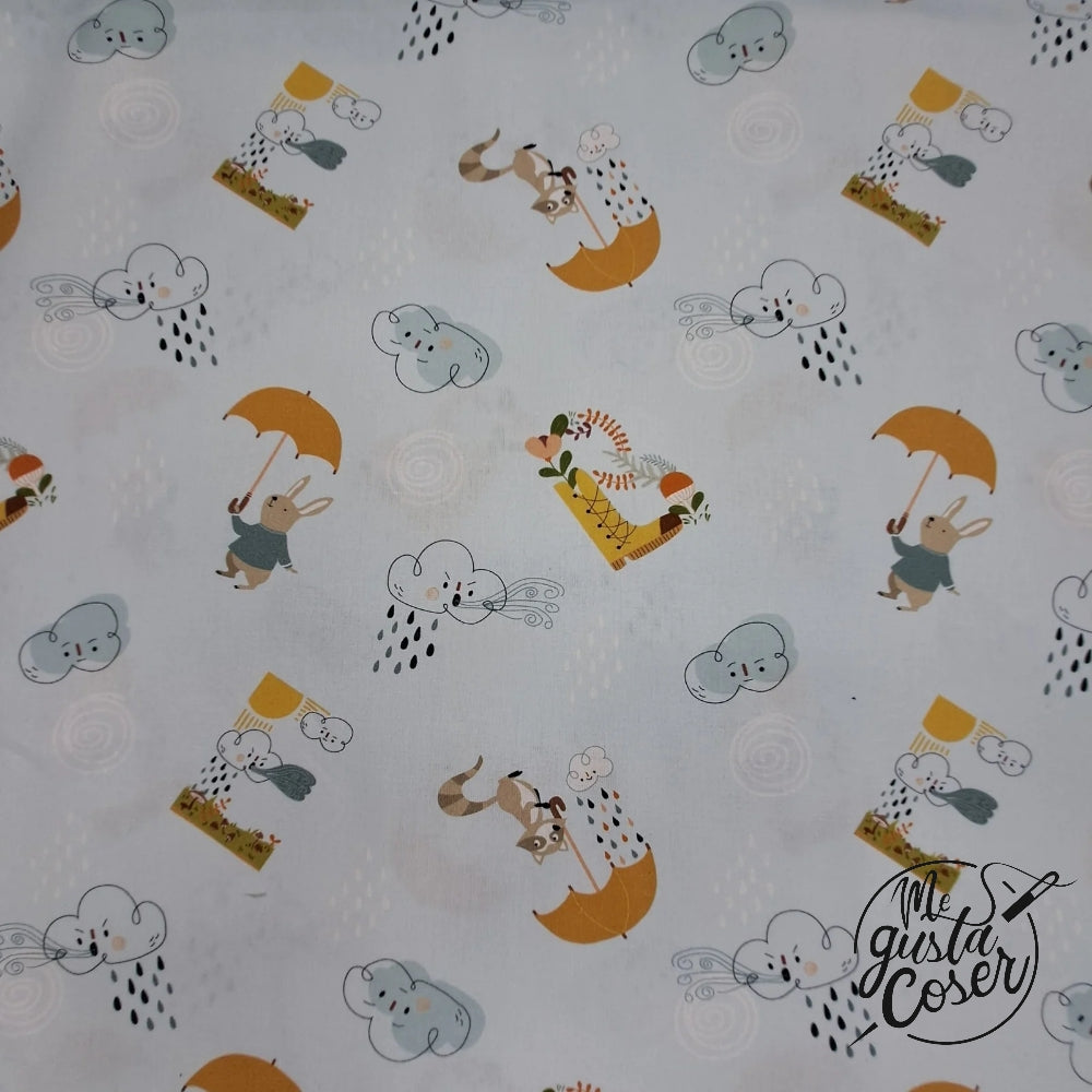 Tela popelin algodón estampado Animales bajo la lluvia