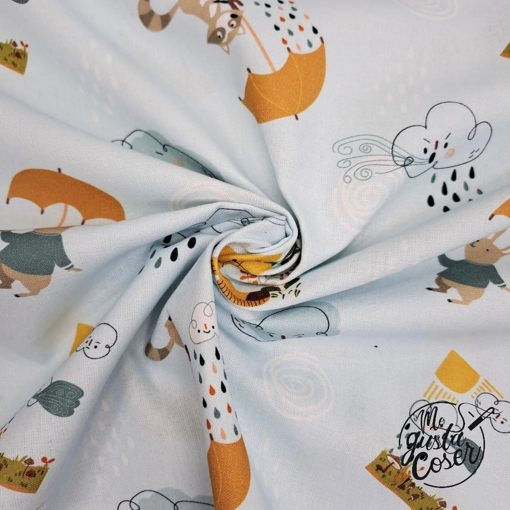 Tela popelin algodón estampado Animales bajo la lluvia