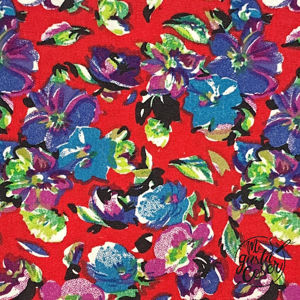 Tela popelín flor multicolor rojo