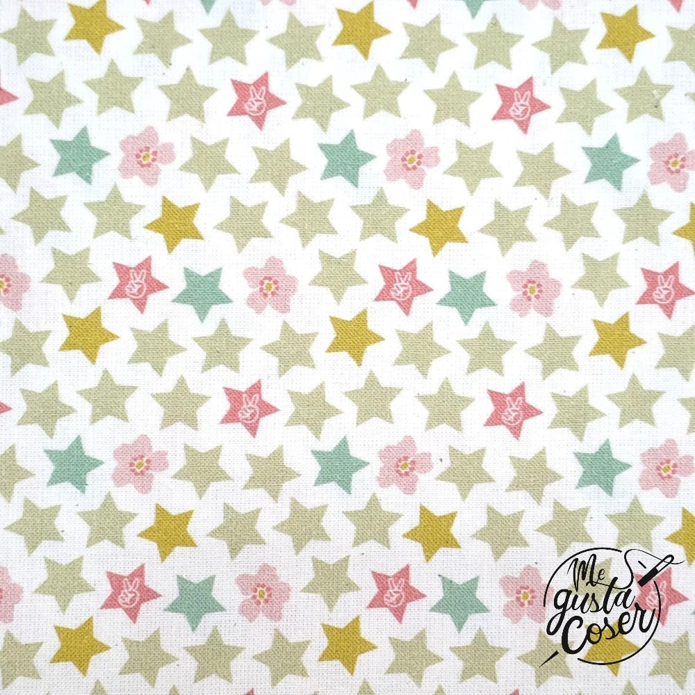 Tela Popelín Estrellas y Flores Pastel