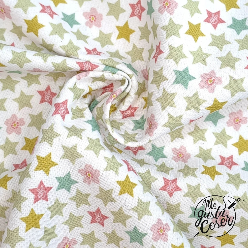 Tela Popelín Estrellas y Flores Pastel