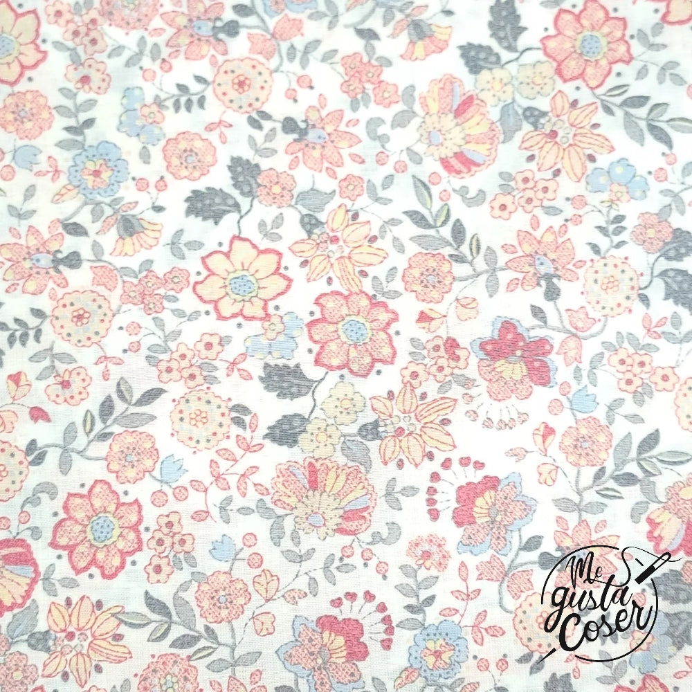 Voile de algodón Flores Salmón y Verde