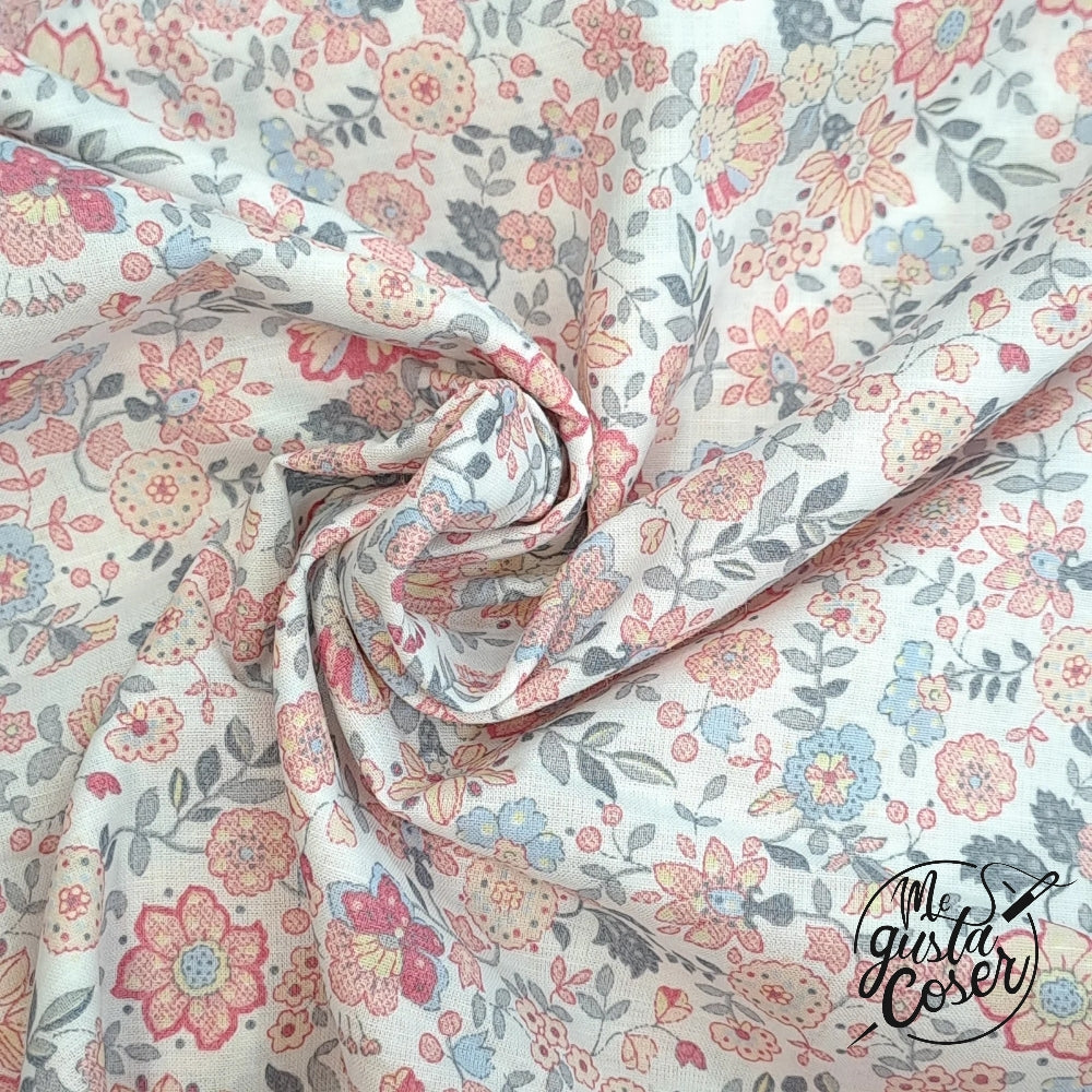 Voile de algodón Flores Salmón y Verde