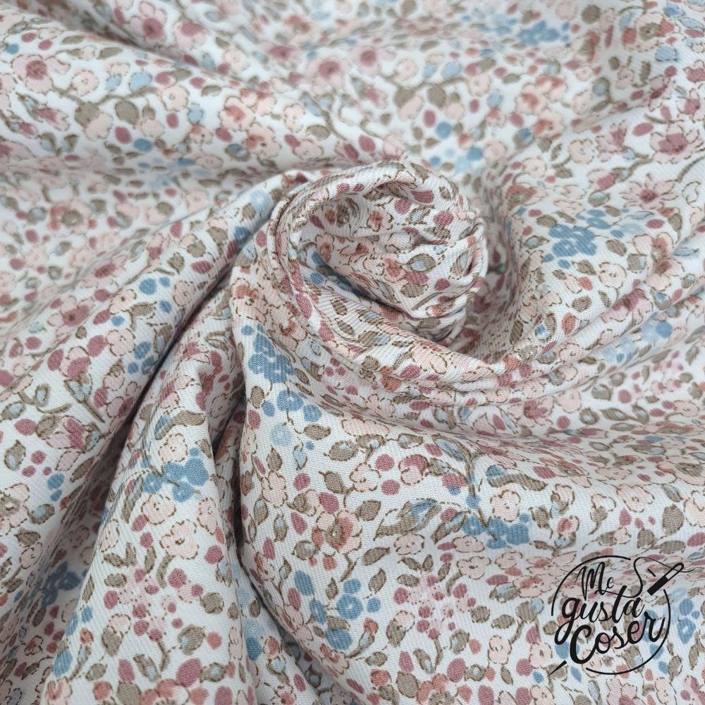 Tela de viyela de algodón floral rosa, azul pastel