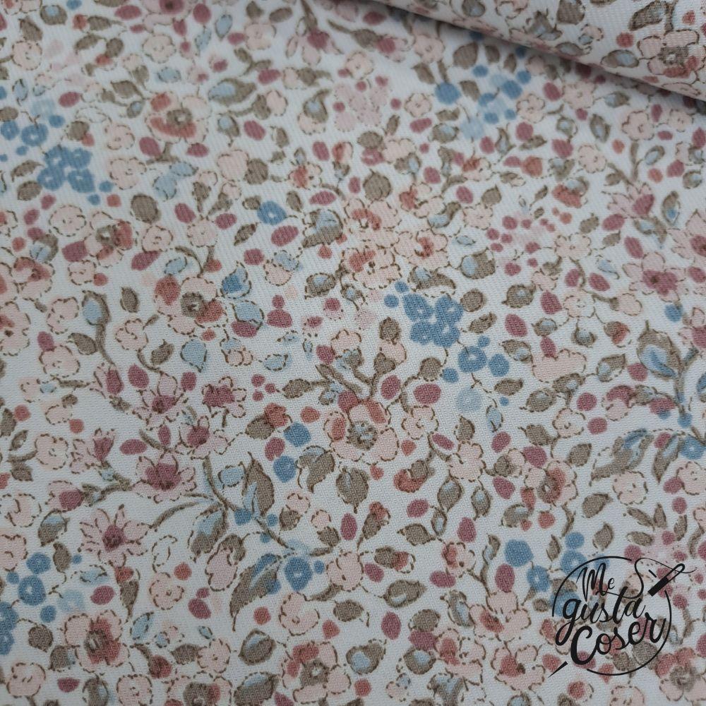 Tela de viyela de algodón floral rosa, azul pastel