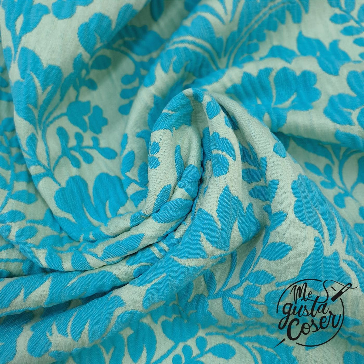Brocado de algodón floral aguamarina y azul