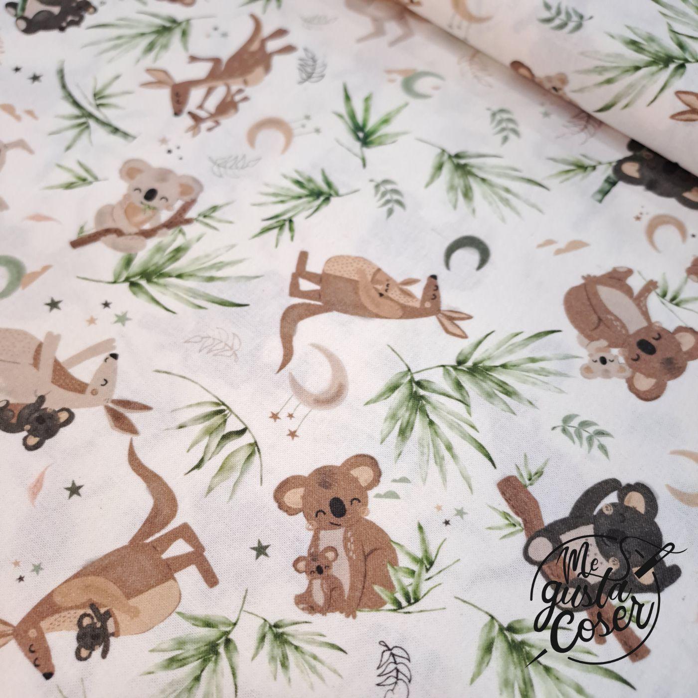 Popelín de algodón con koalas y canguros