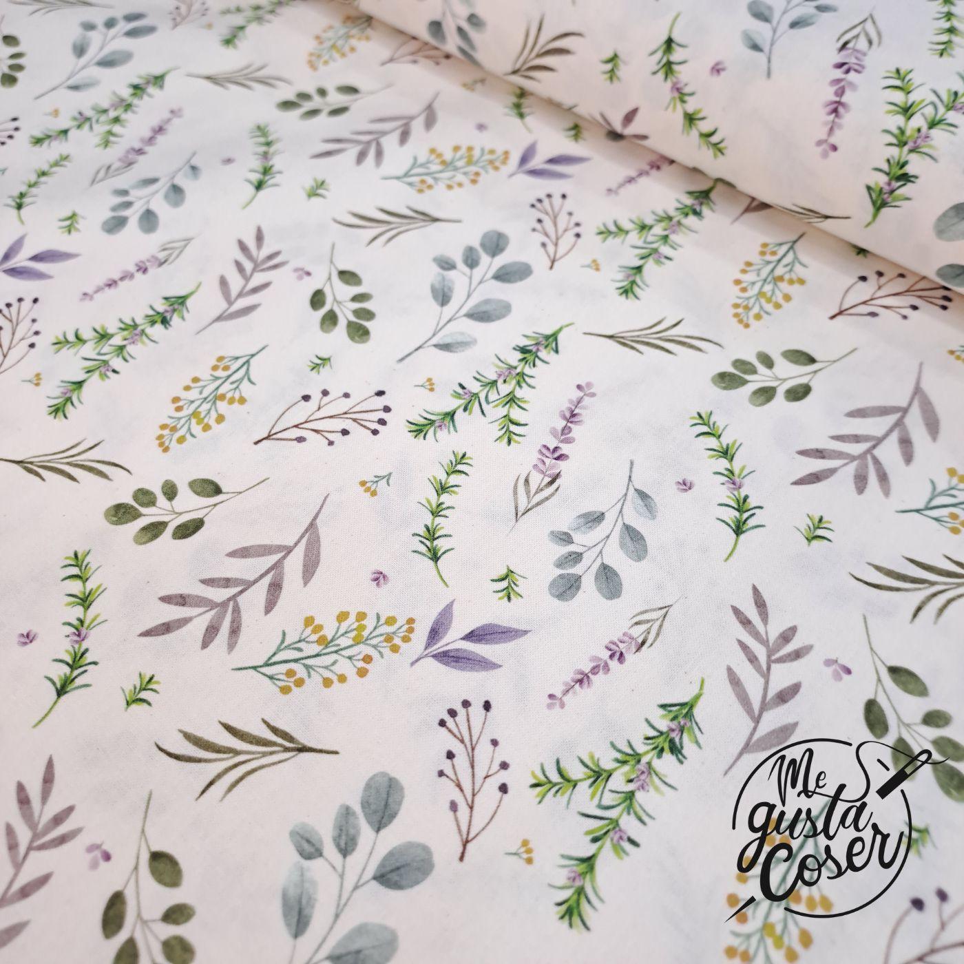 Popelín de algodón con ramas y plantas aromáticas Herbal