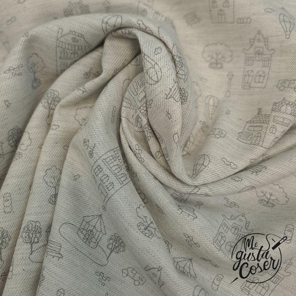 Tela de viyela de algodón con casitas y ciudad en gris