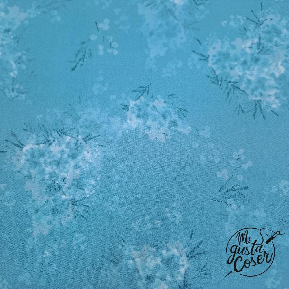 Tela de viyela de algodón floral azul agua