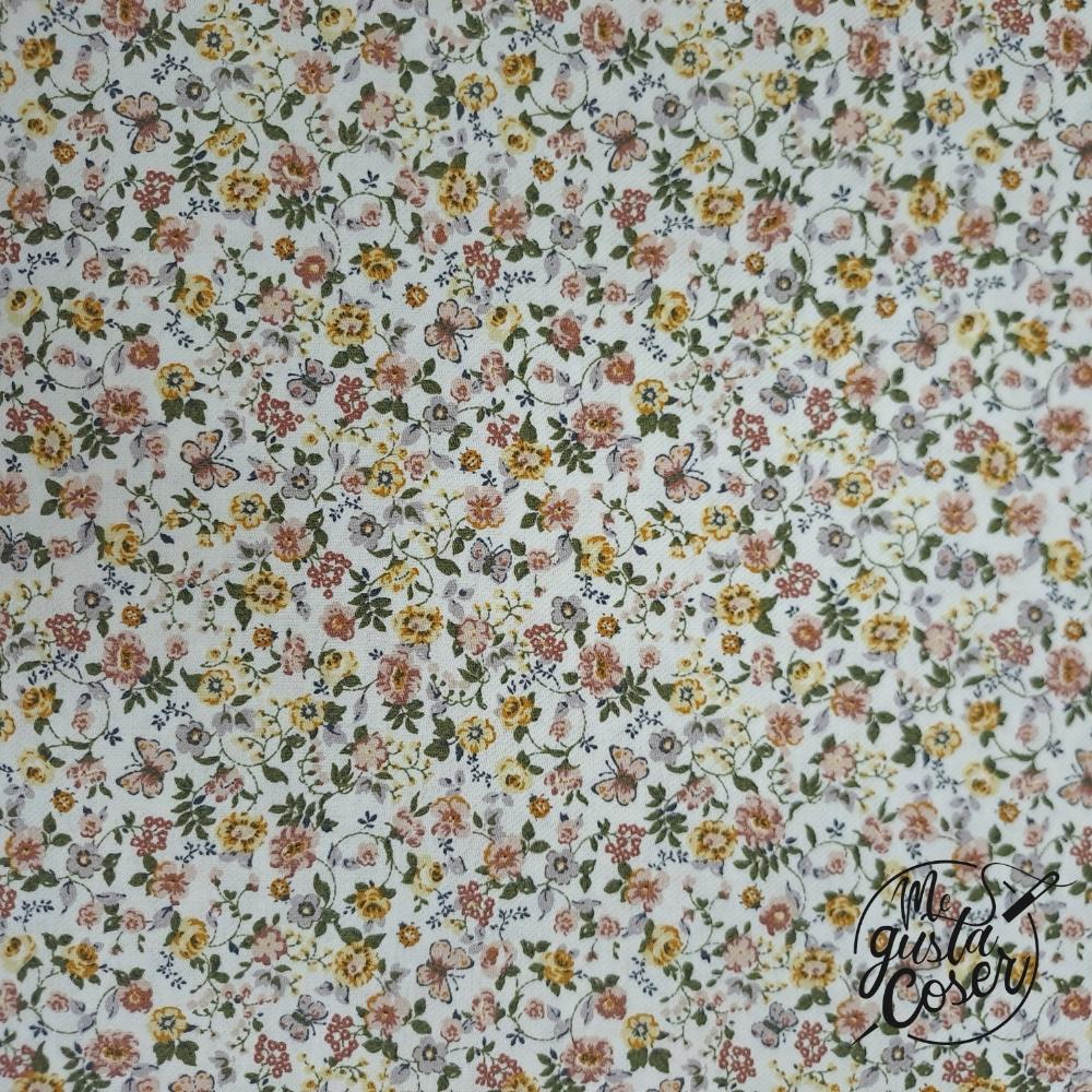 Tela de viyela de algodón floral multicolor con mostaza y verde