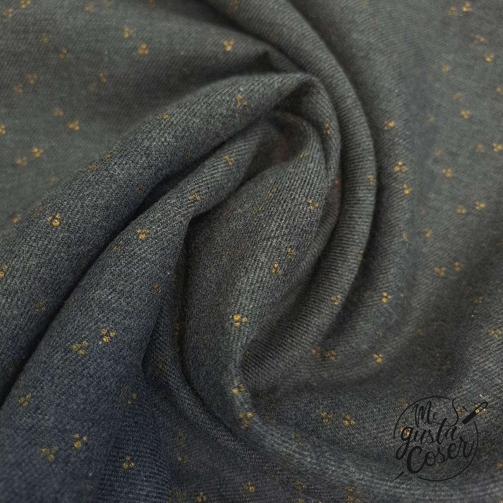 Tela de viyela de algodón gris antracita con pequeños puntos mostaza
