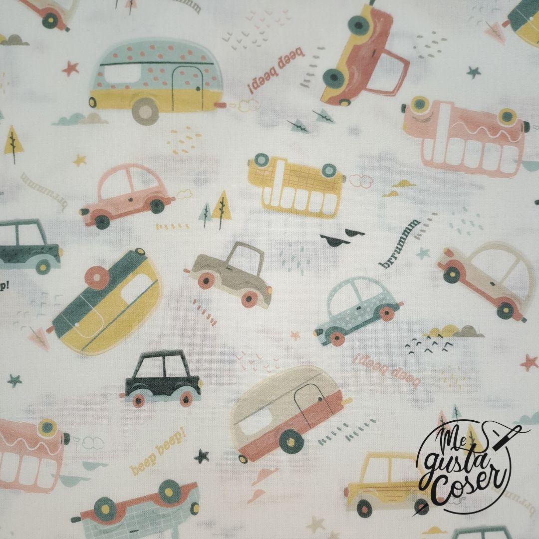 Tela popelin infantil coches y caravanas pastel