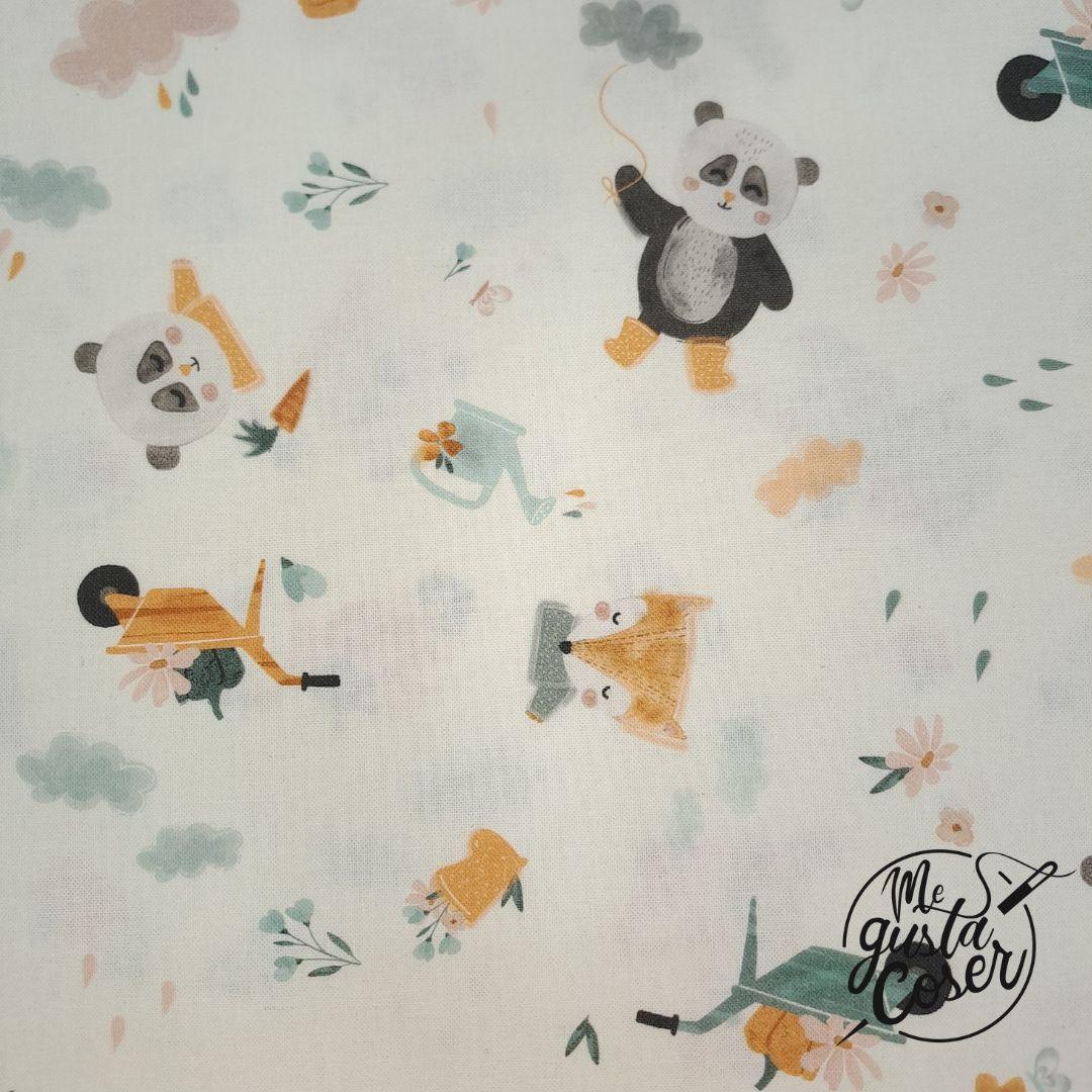 Tela popelín algodón pandas y jardinería fondo blanco