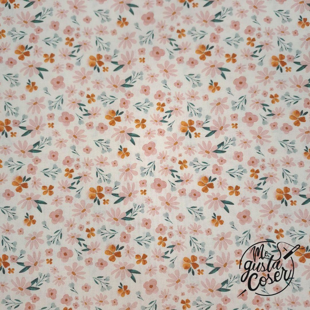 Tela popelín flores pequeñas en rosa y mostaza