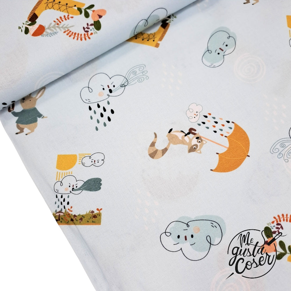 Tela popelin algodón estampado Animales bajo la lluvia