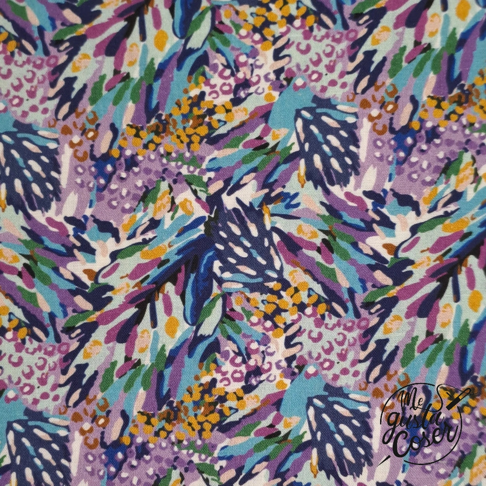 Tela popelin algodón estampado étnico azul y malva