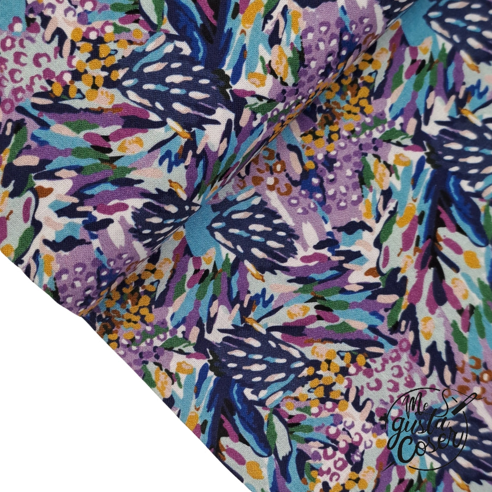 Tela popelin algodón estampado étnico azul y malva