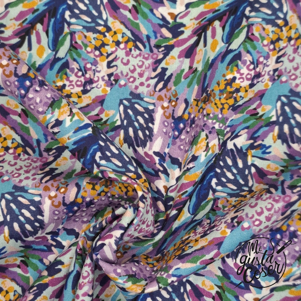 Tela popelin algodón estampado étnico azul y malva