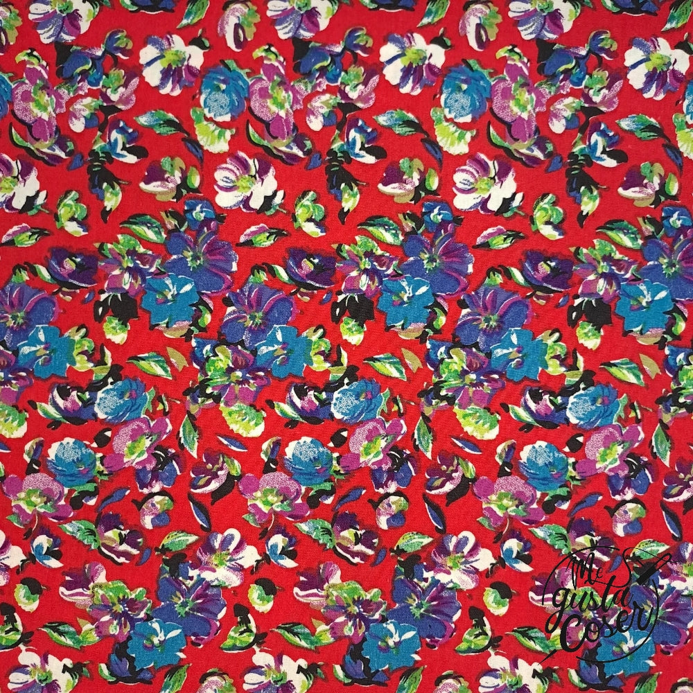 Tela popelín flor multicolor rojo