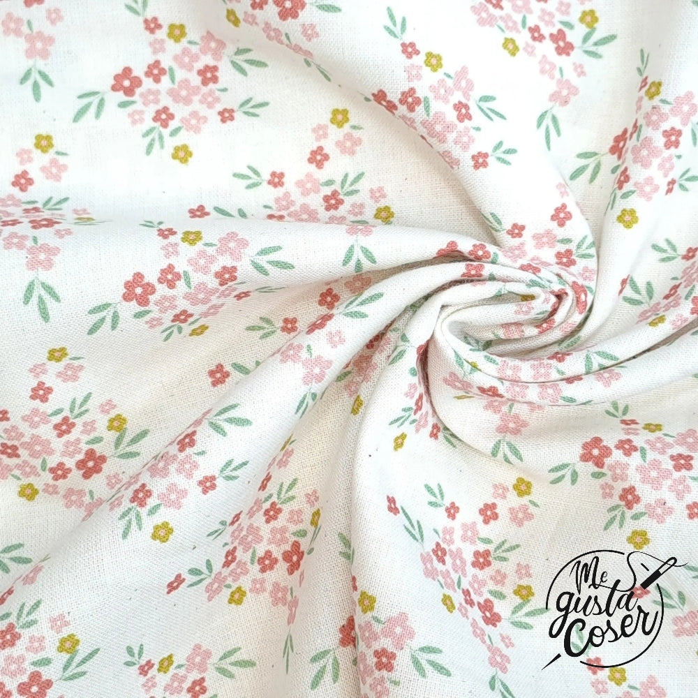 Tela Popelin ramilletes florales rosas