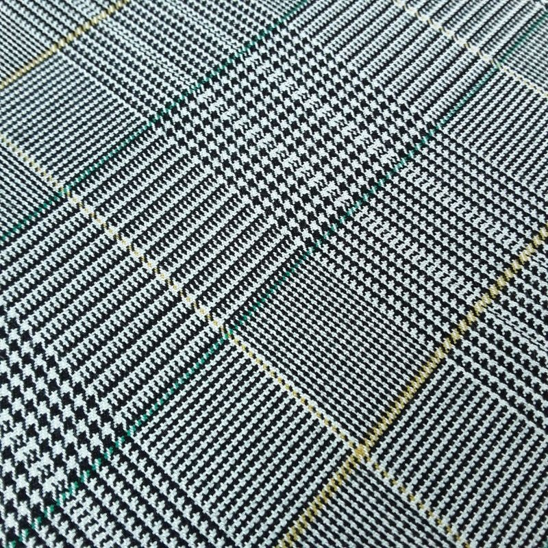 Tela de franela Príncipe de Gales gris con líneas verdes y amarillas